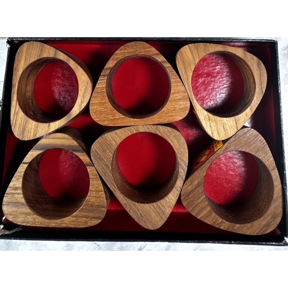 Otagiri Vintage Teak Wooden Napkin Rings Triangular Holders Box Set of 6 MCM
